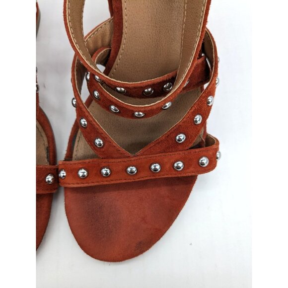 Studded Suede Block Heels Sandals Chunky Rust Boho Western Festival Y2K Size 8 - Picture 9 of 12